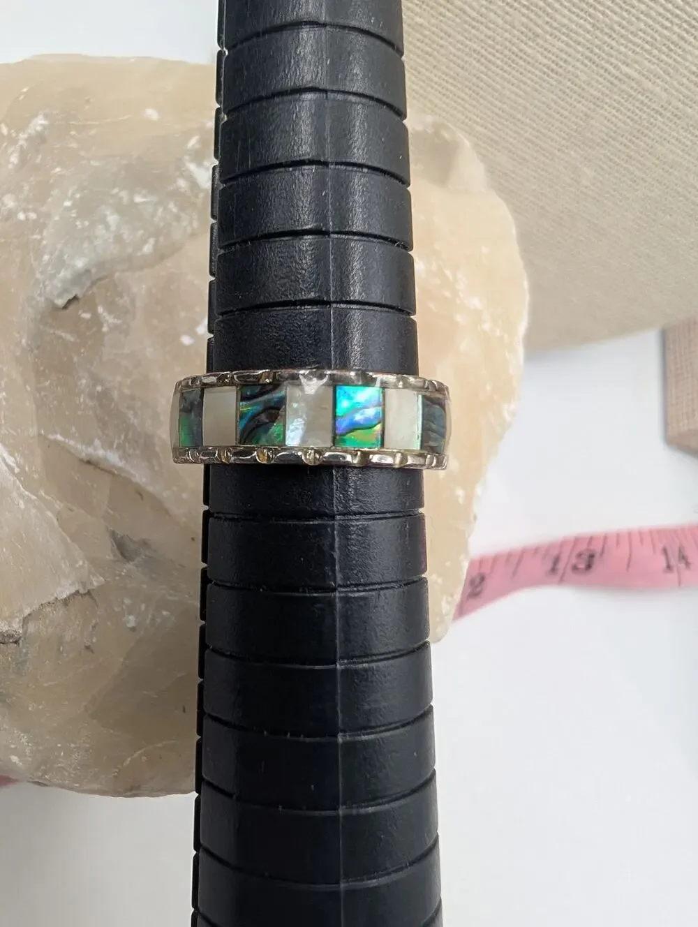 Fashion Band Ring Abalone Shell & Mother of Pearl Inlay Size 7 Silver Tone Wide